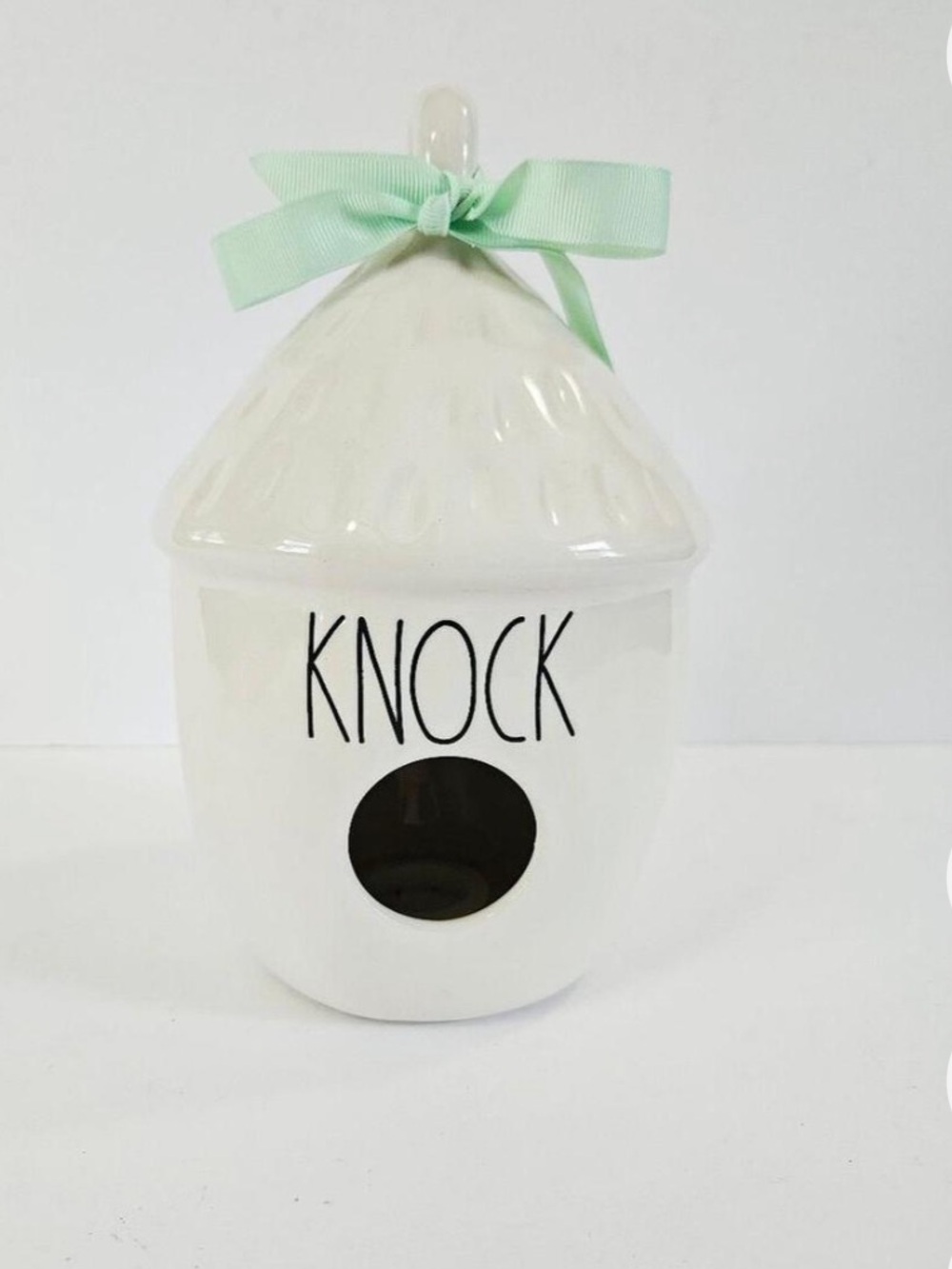 Rae Dunn “Knock” Acorn Shaped Bird House with Light Teal Ribbon | New